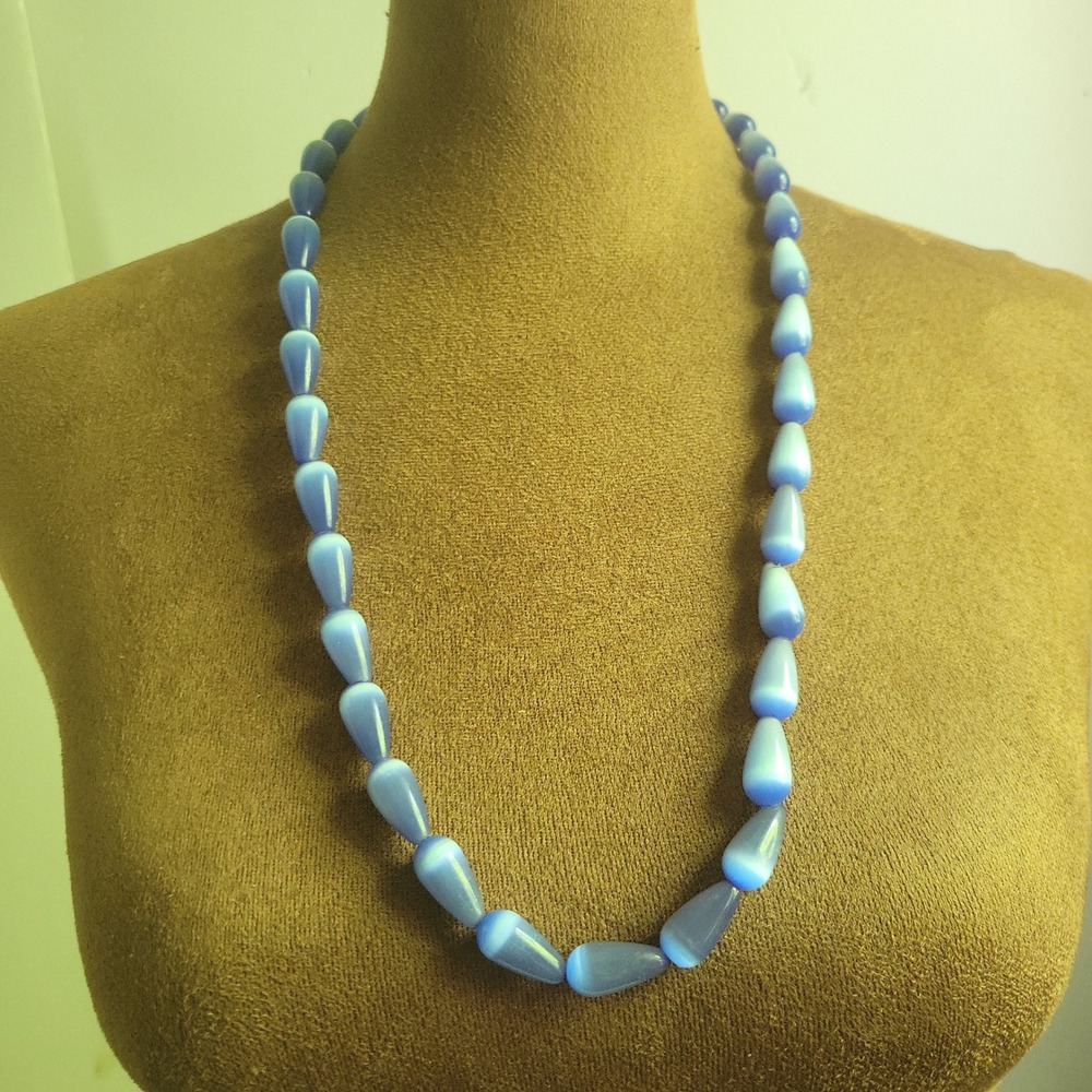 Vintage Blue Glass Cat Eye Teardrop Bead Necklace 925 Clasp 24" Mermaidcore